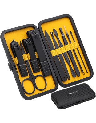 Manicure Set Nail Clippers Kit Professional Stainless Steel Nail Care Tools with Leather Travel Case 10 in 1 Black/Yellow