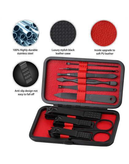 Manicure Set Nail Clippers Kit Professional Stainless Steel Nail Care Tools with Leather Travel Case 10 in 1 Black/Red