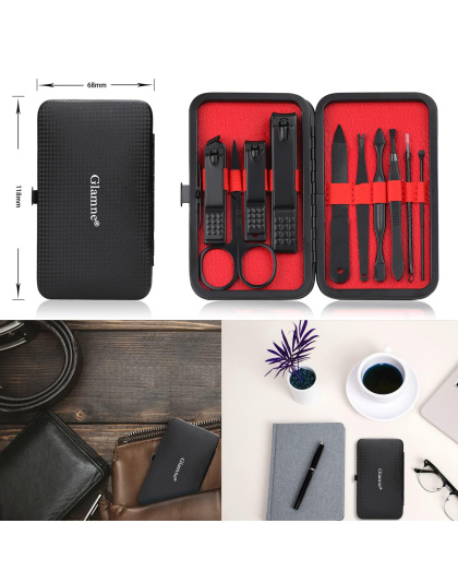 Manicure Set Nail Clippers Kit Professional Stainless Steel Nail Care Tools with Leather Travel Case 10 in 1 Black/Red