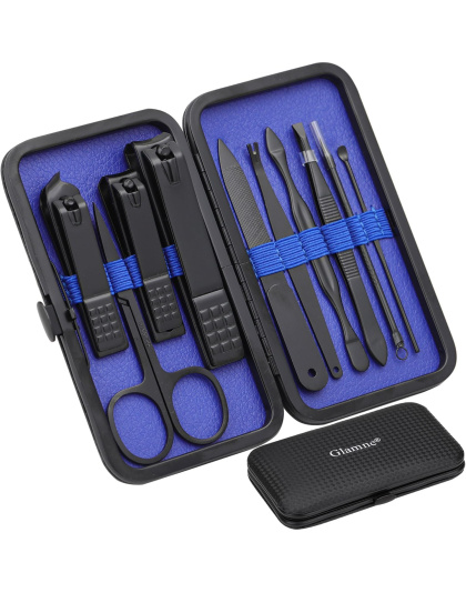 Manicure Set Nail Clippers Kit Professional Stainless Steel Nail Care Tools with Leather Travel Case 10 in 1 Black/Blue