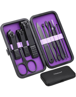 Manicure Set Nail Clippers Kit Professional Stainless Steel Nail Care Tools with Leather Travel Case 10 in 1 Black/Purple