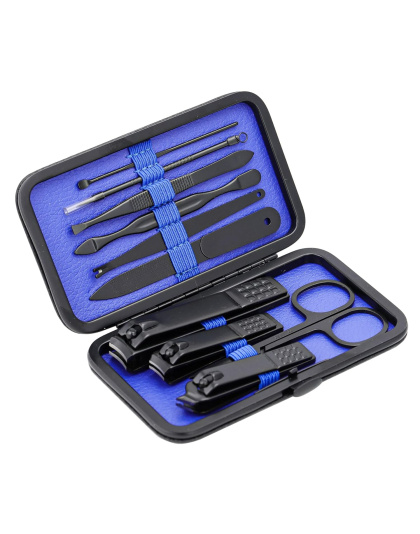 Manicure Set Nail Clippers Kit Professional Stainless Steel Nail Care Tools with Leather Travel Case 10 in 1 Black/Blue