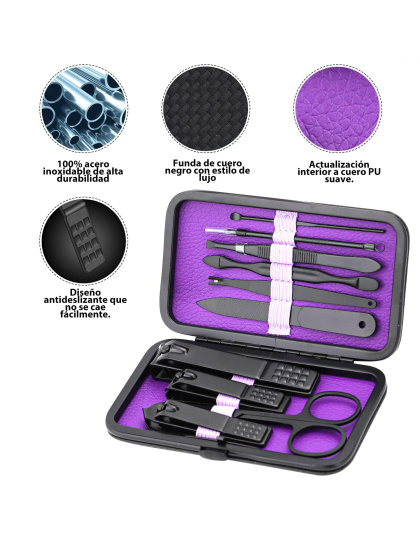 Manicure Set Nail Clippers Kit Professional Stainless Steel Nail Care Tools with Leather Travel Case 10 in 1 Black/Purple