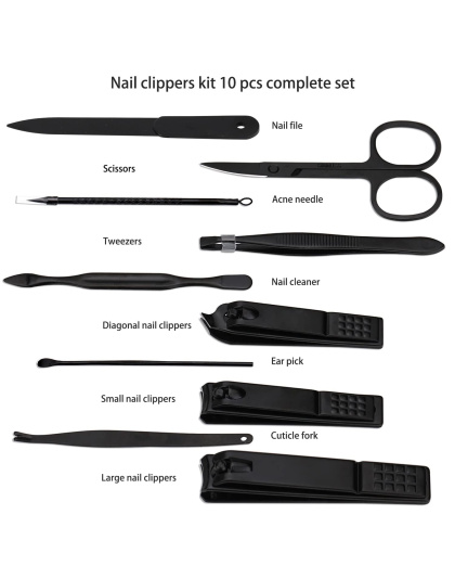 Manicure Set Nail Clippers Kit Professional Stainless Steel Nail Care Tools with Leather Travel Case 10 in 1 Black/Blue