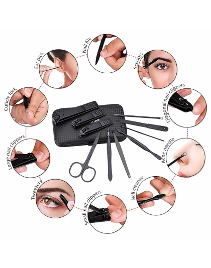 Manicure Set Nail Clippers Kit Professional Stainless Steel Nail Care Tools with Leather Travel Case 10 in 1 Black/Blue