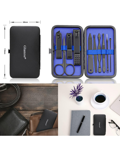 Manicure Set Nail Clippers Kit Professional Stainless Steel Nail Care Tools with Leather Travel Case 10 in 1 Black/Blue