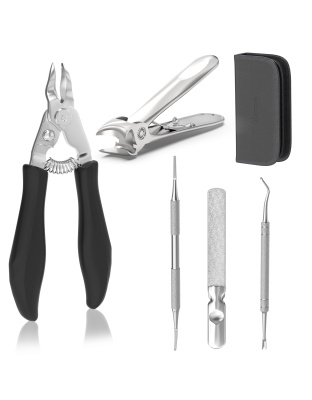 5-in-1 Toenail Clippers for Seniors with Thick &amp; Ingrown Nails – Professional Pedicure Kit with Long Handle Nail Cutter, Slanted Curved Blade, Nail File &amp; Lifter – Gift Set with Leather Case